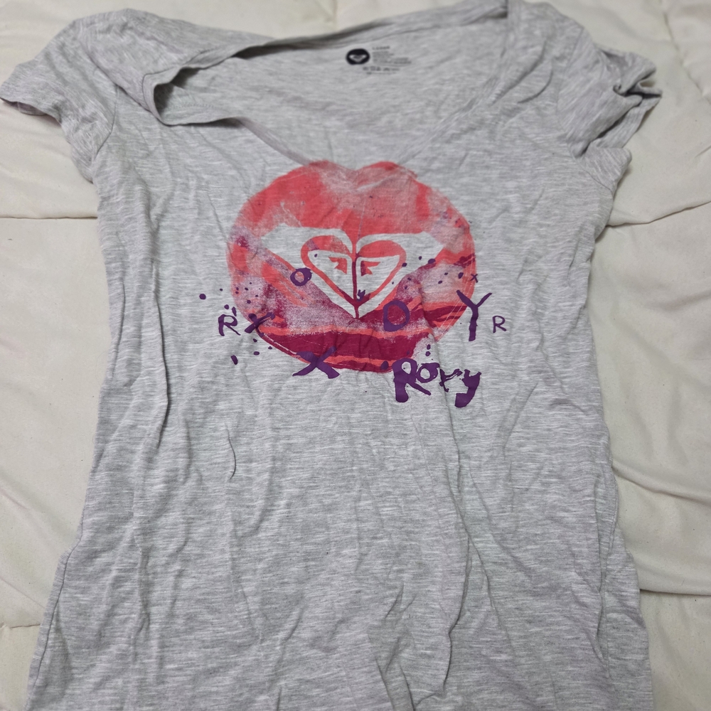 Roxy Women's Gray Tee with Pink and Purple Graphic